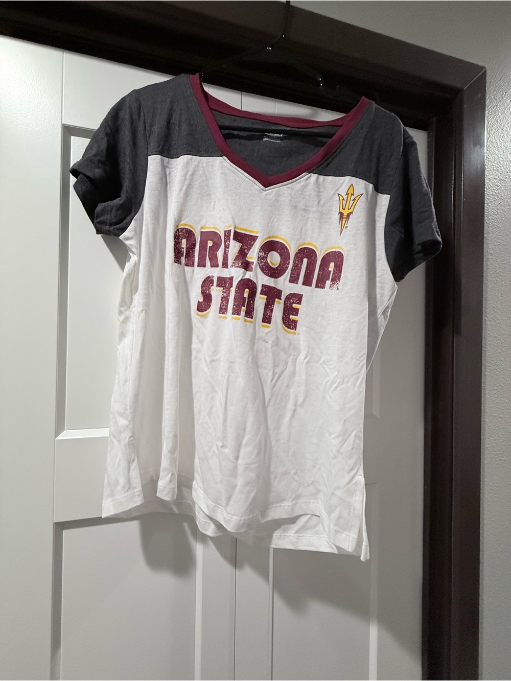 Arizona State V-Neck Raglan Tee in White, Black & Maroon